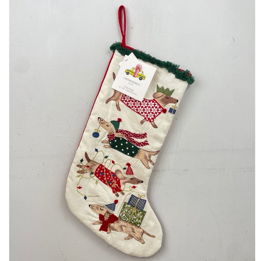 Cynthia Rowley Dog Stocking 8”x22” – Embroidered Dachshunds in Holiday Sweaters